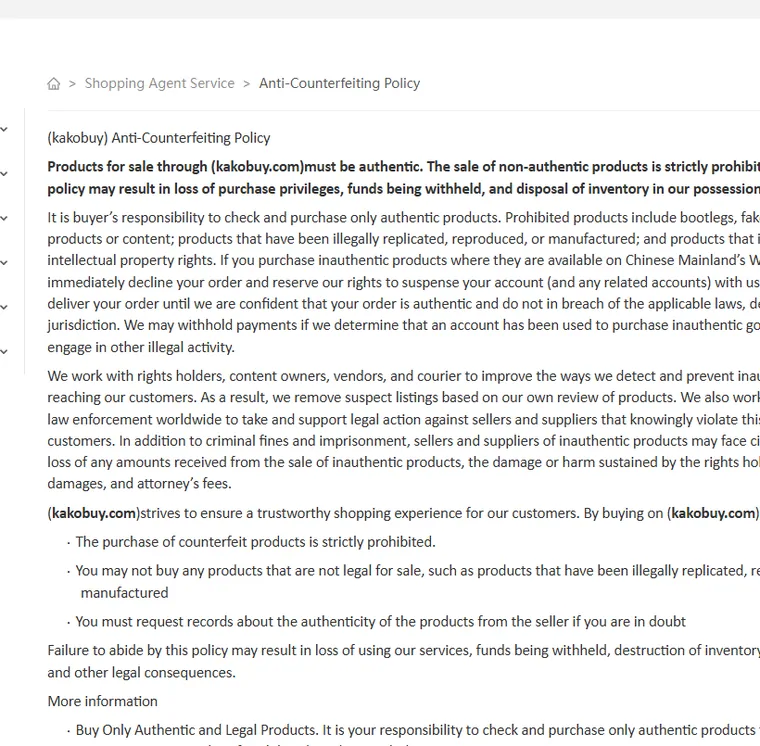 Official help centre anti-counterfeiting policy stating that non-authentic products are strictly prohibited with account suspension among the printed consequences