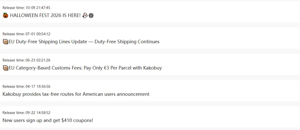 Official announcements list showing five entries with release timestamps including the Halloween fest and EU customs notices