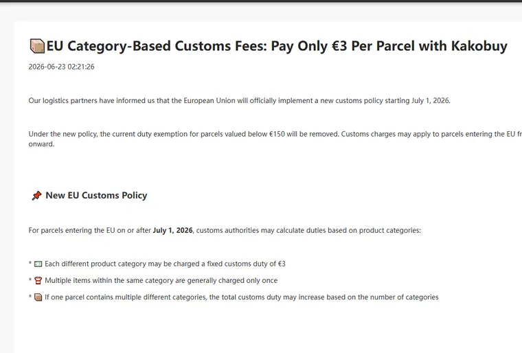 Official announcement page describing the EU category-based customs fee from July 1 2026 and the operator covering all but three euros per parcel