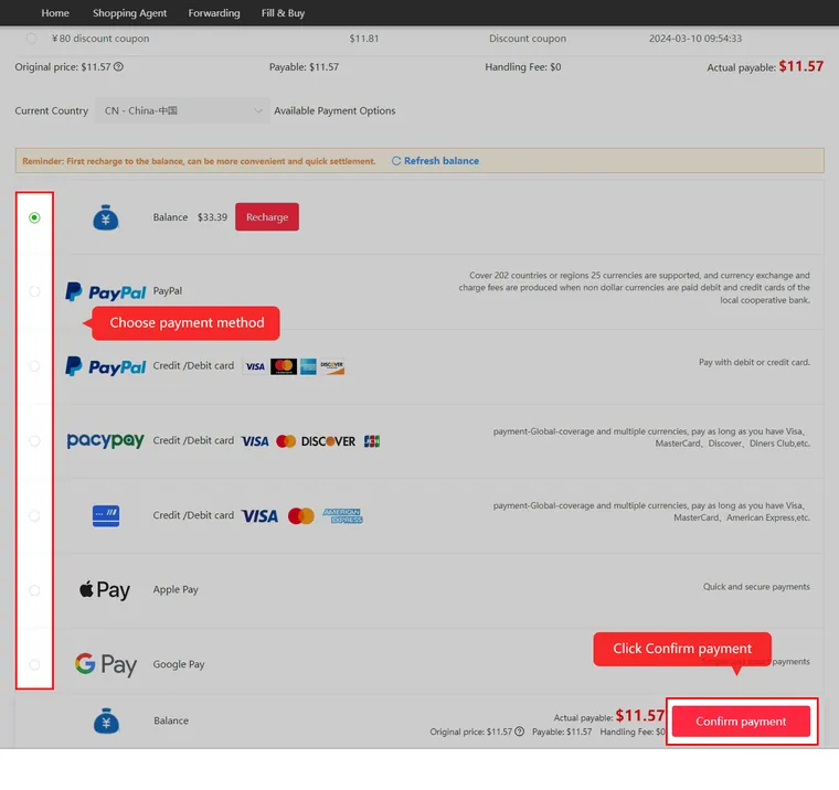 Official parcel checkout screenshot with an applied discount coupon row, payable amount and the payment method list