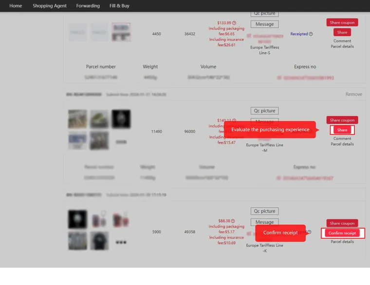 Parcel list screenshot with per-parcel weight, volume, itemised freight including packaging and insurance fees, and confirm receipt buttons, identifiers blurred