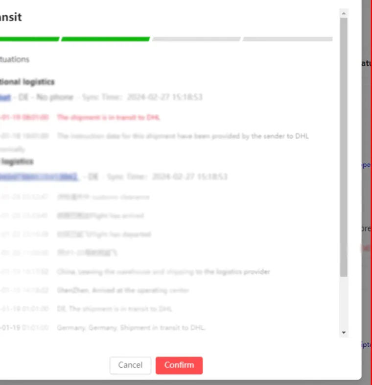 Close crop of a logistics information modal showing stacked tracking events with dates, a progress bar reading in transit, and blurred identifiers
