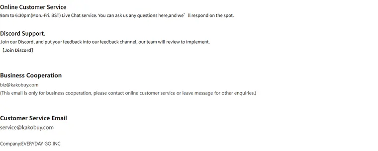 Official contact page block listing live chat hours, Discord support and the customer service email address