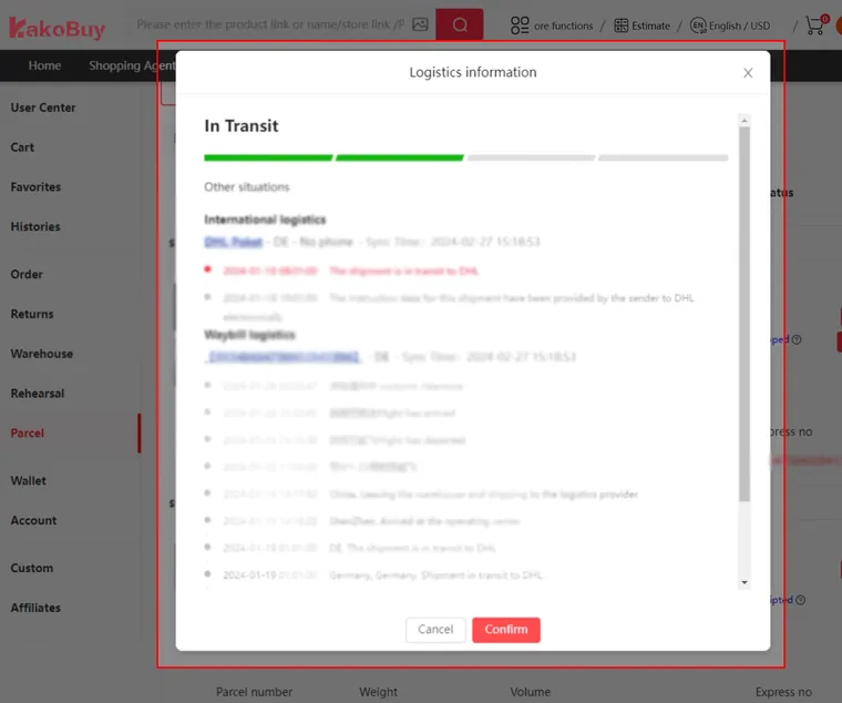Logistics information modal listing international logistics events and waybill events for a parcel in transit, with tracking identifiers blurred