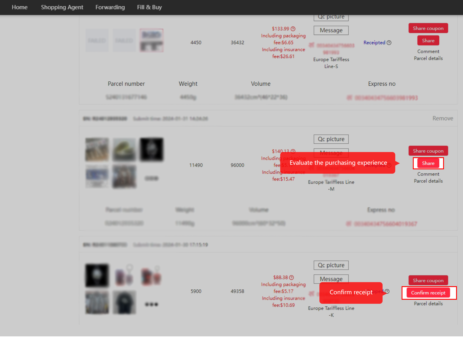 Parcel list with Share and Confirm receipt highlighted
