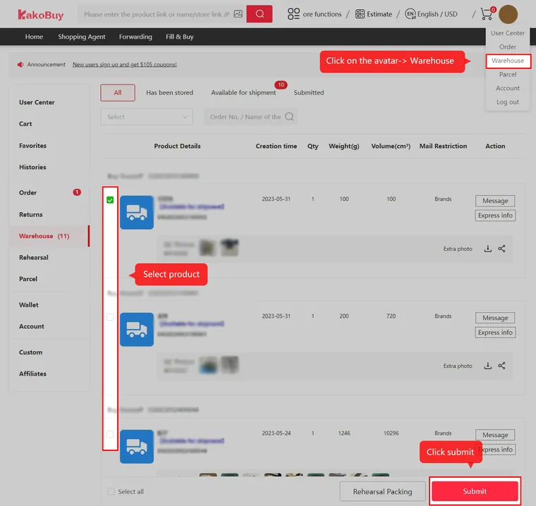 Warehouse list screenshot with columns for product details, creation time, quantity, weight in grams and volume in cubic centimetres, and a red callout on the submit button