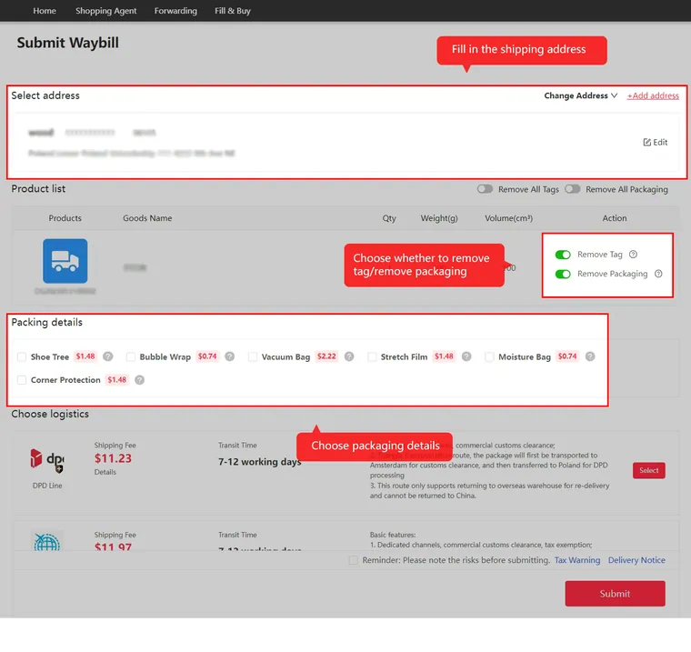 Submit waybill screenshot showing the address block, per-item remove tag and remove packaging toggles, priced packing add-ons such as bubble wrap and vacuum bag, and a logistics route list