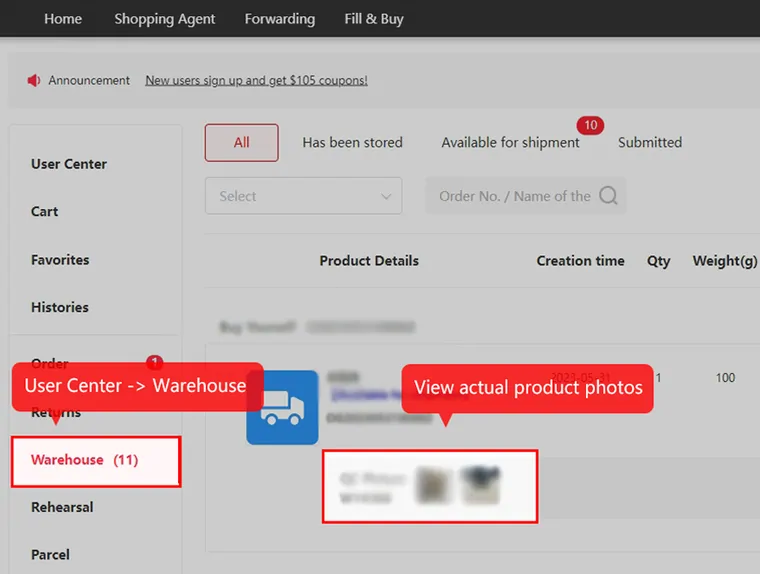 User centre screenshot with the Warehouse menu item boxed in red and QC Picture thumbnails highlighted on a stored item row